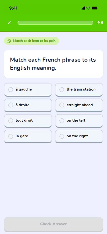 A match-the-pairs exercise: four French phrases on the left, their English meanings on the right, waiting to be paired.