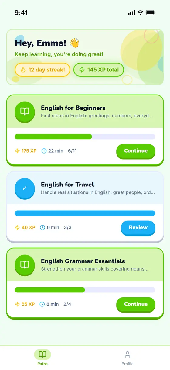 On a phone, the student's paths screen greeting Emma with a 12-day streak and 145 XP.