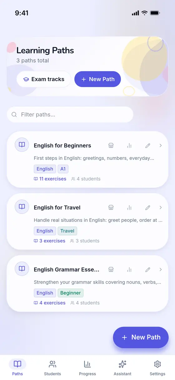 The Learning Paths list in the teacher app: three paths, English for Beginners first with 11 exercises for 4 students.